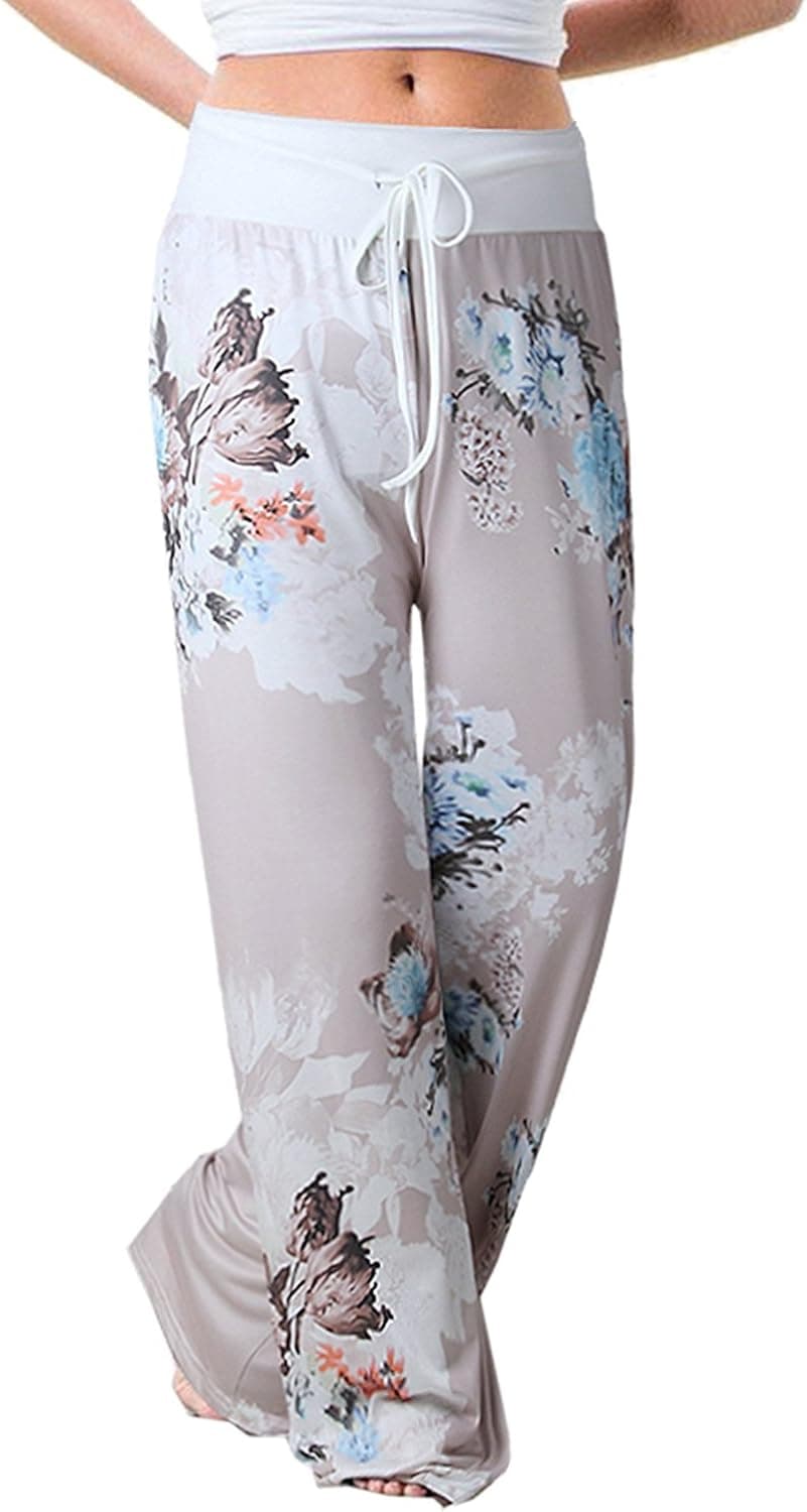 NEWCOSPLAY Women's Comfy Stretch Floral Print High Waist Drawstring Palazzo Wide Leg Pants (XL, 0477grey)