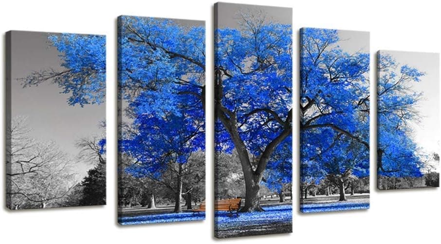 ZETANAART Wall Art Painting Contemporary 5parts Blue Tree in Black and White Style Fall Landscape Picture Modern Giclee Stretched and Framed Artwork