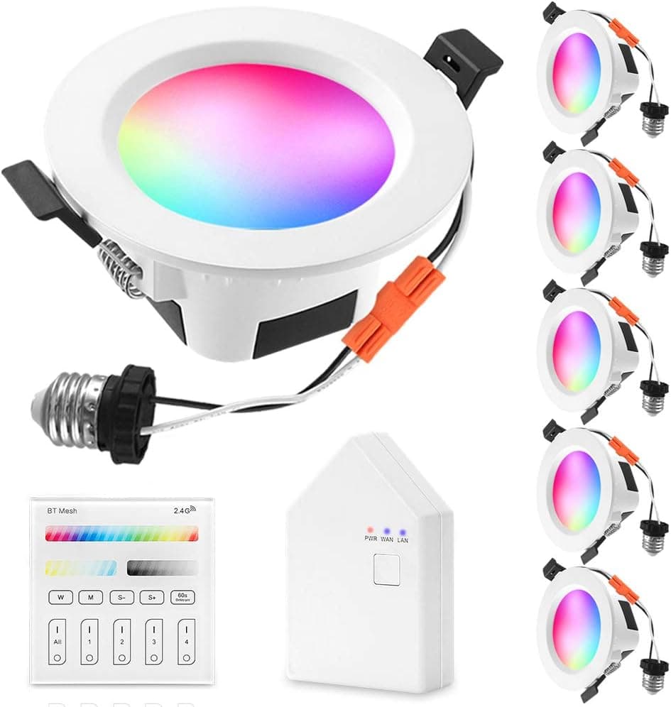 INDARUN Smart LED Recessed Ceiling Lights 4 Inch 9W RGBCW Bluetooth & WiFi for Alexa and Google Home Dimmable Downlights 700LM 2700K-6500K Spotlights with Smart Bridge & Touch Panel for Home - 6 Pack