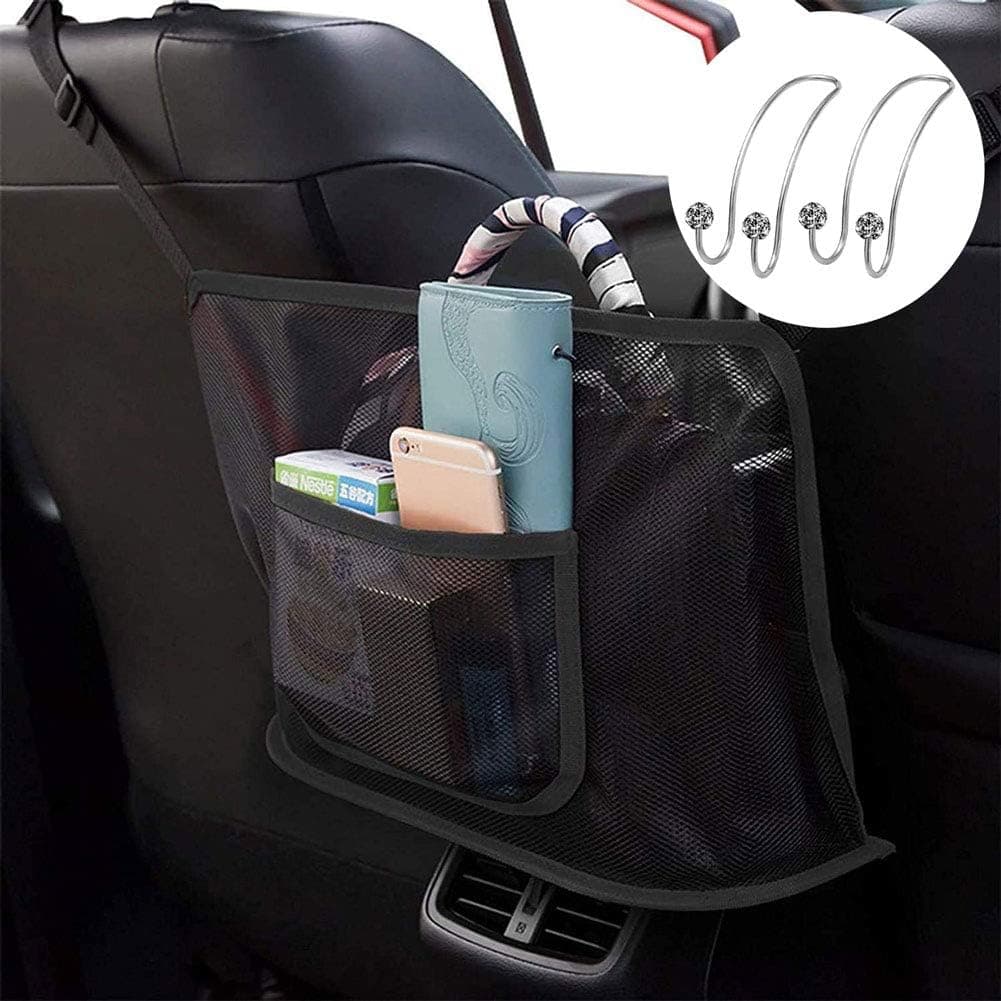 Purse Holder for Car,Bag Holder for Car,Car Net Handbag Holder for Car Purse Storage Phone Documents Pocket,Car Net Pocket Handbag Holder,Kids Barrier Disturb Stopper(Give away 2Bling Hooks)