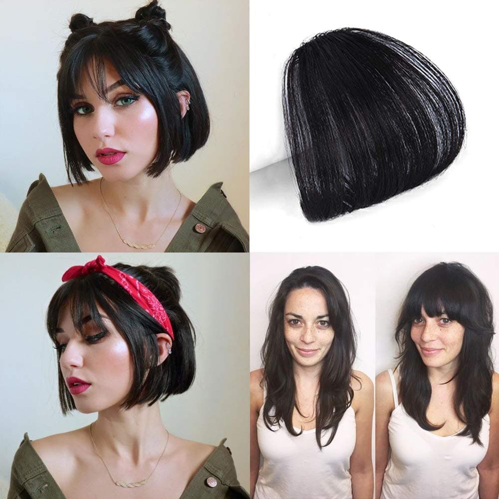 HIKYUU Natural Black Thin Neat Air Bangs Remy Human Hair Extensions Clip in on Fringe without Temples