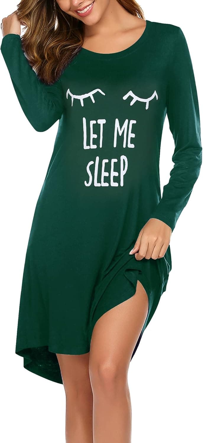 Hotouch Sleepwear Womens Night Shirts Long Sleeve Cute Print Nightgowns Soft Knee Length Sleepshirts S-XXL