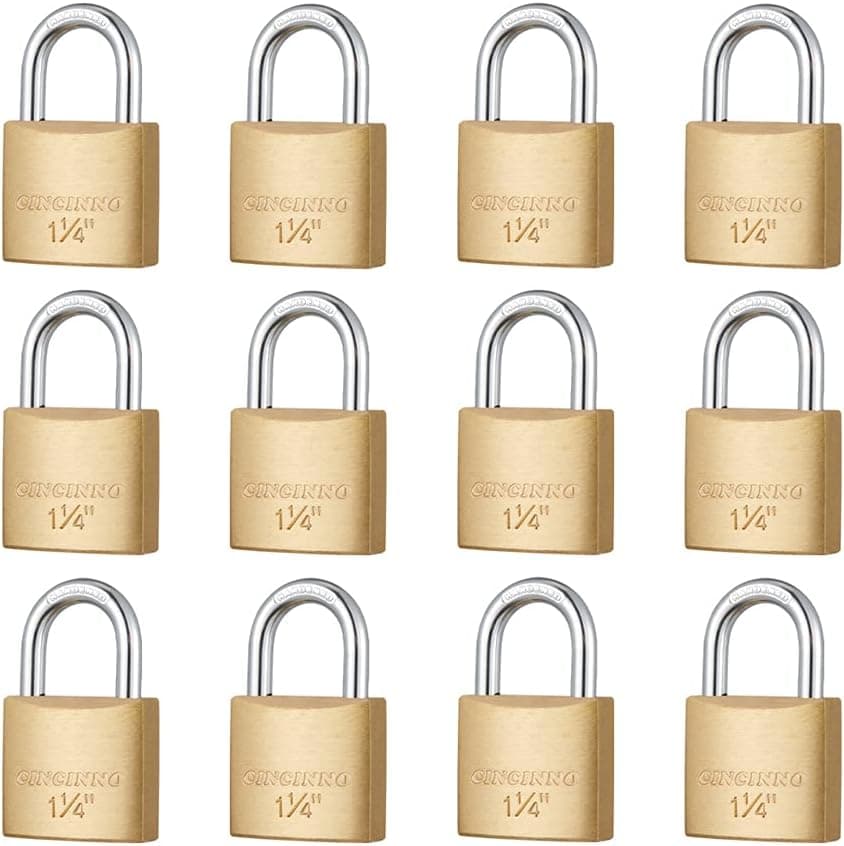 CINCINNO 12Pack Small Solid Brass Locks Keyed Alike,1-1/4” (30mm) Wide Lock Body, 1/5” Shackle Diameter Padlocks with Key