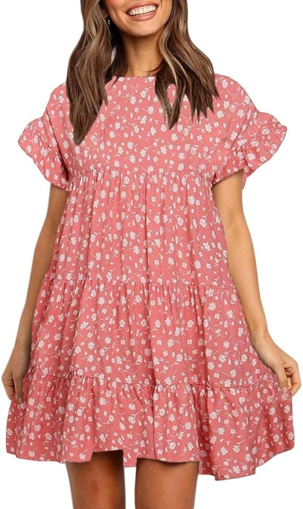 Imysty Womens Boho Floral Printed Babydoll Ruffles Casual Loose Short Mini T-Shirt Dress