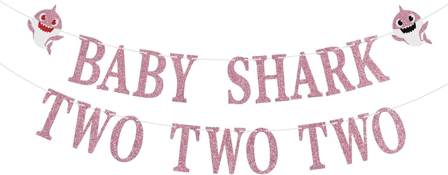 Baby Shark Two Two Two Birthday Banner, Girls 2nd Birthday Decorations, Cute Shark Decorations for Baby's 2nd Birthday Party Supplies Pink Glitter.