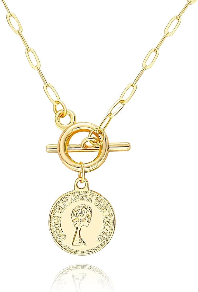 Gold Coin Necklace for Women Gold Medallion Necklace Paperclip Necklace Coin Pendant Necklace Queen Elizabeth Coin Pendant Necklace
