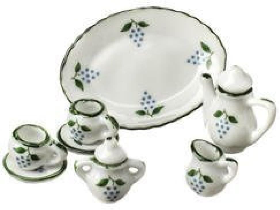 8 Piece Tiny White Ceramic Tea Service for Two with Dainty Grape Design