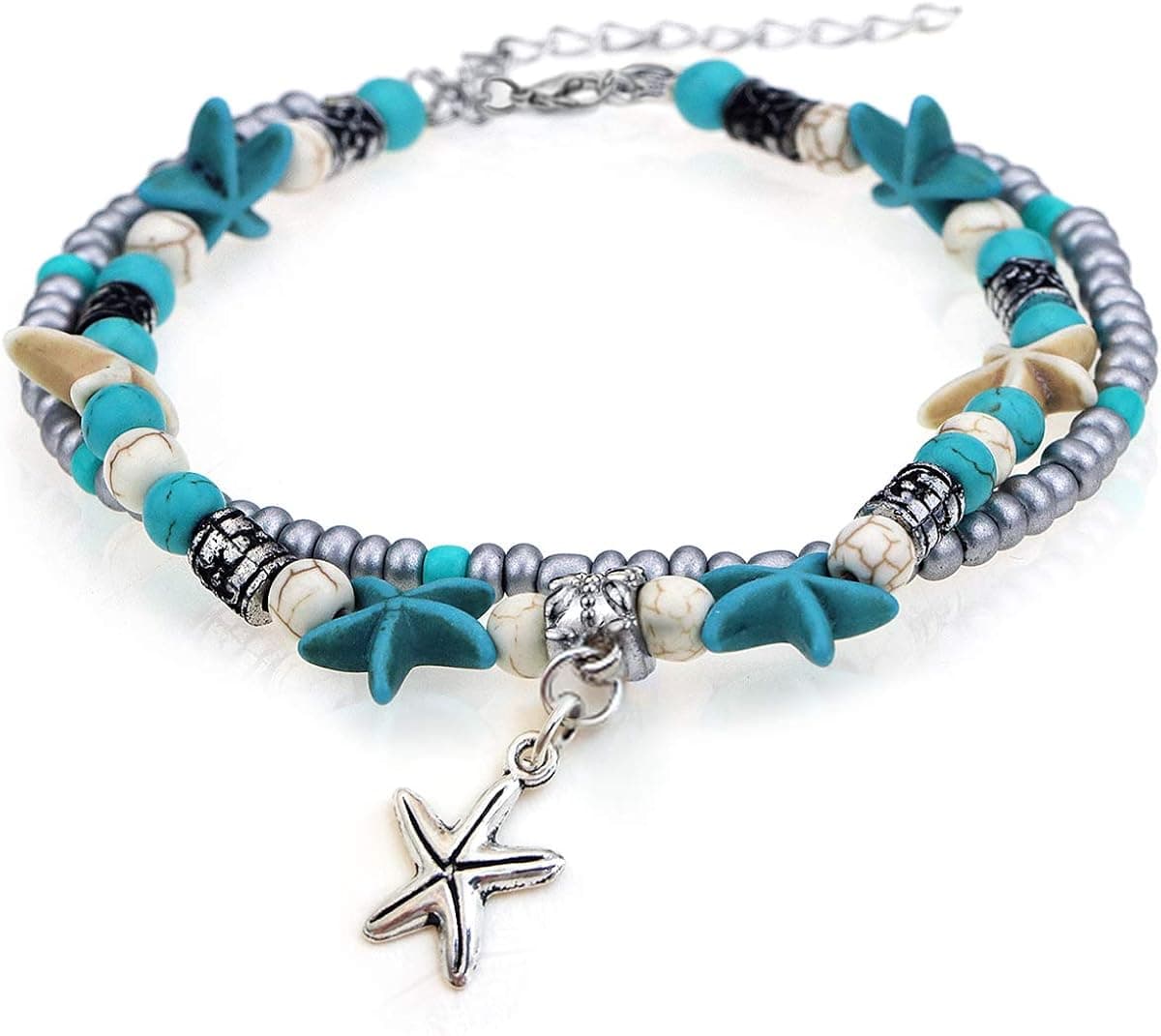 Suyi Girl Layered Anklets Turquoise Beads Sea Turtle Anklets Adjustable Starfish Beach Foot Chains Jewelry for Women
