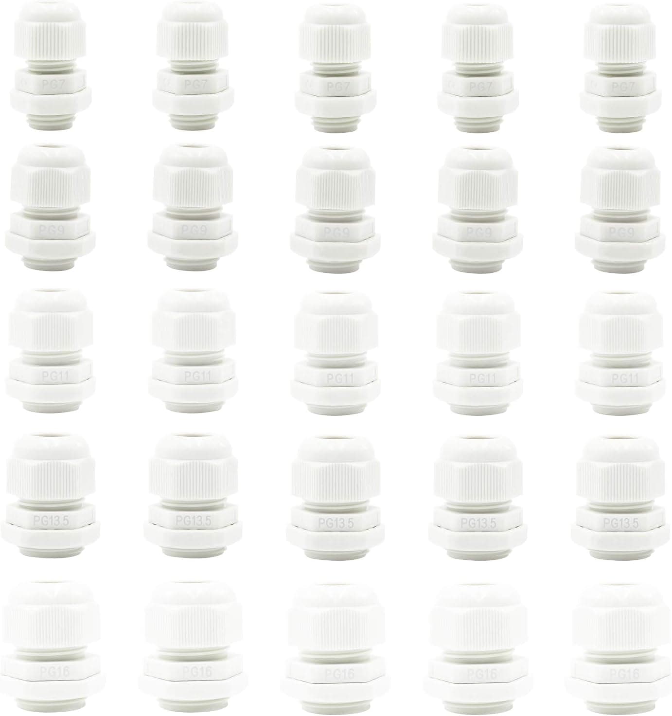mxuteuk 25 Packs Cable Glands Cable Connectors Plastic Nylon Wire Protectors Joints Waterproof Adjustable White With Gaskets PG7, PG9, PG11, PG13.5, PG16 (5 each) PG-5S-5W