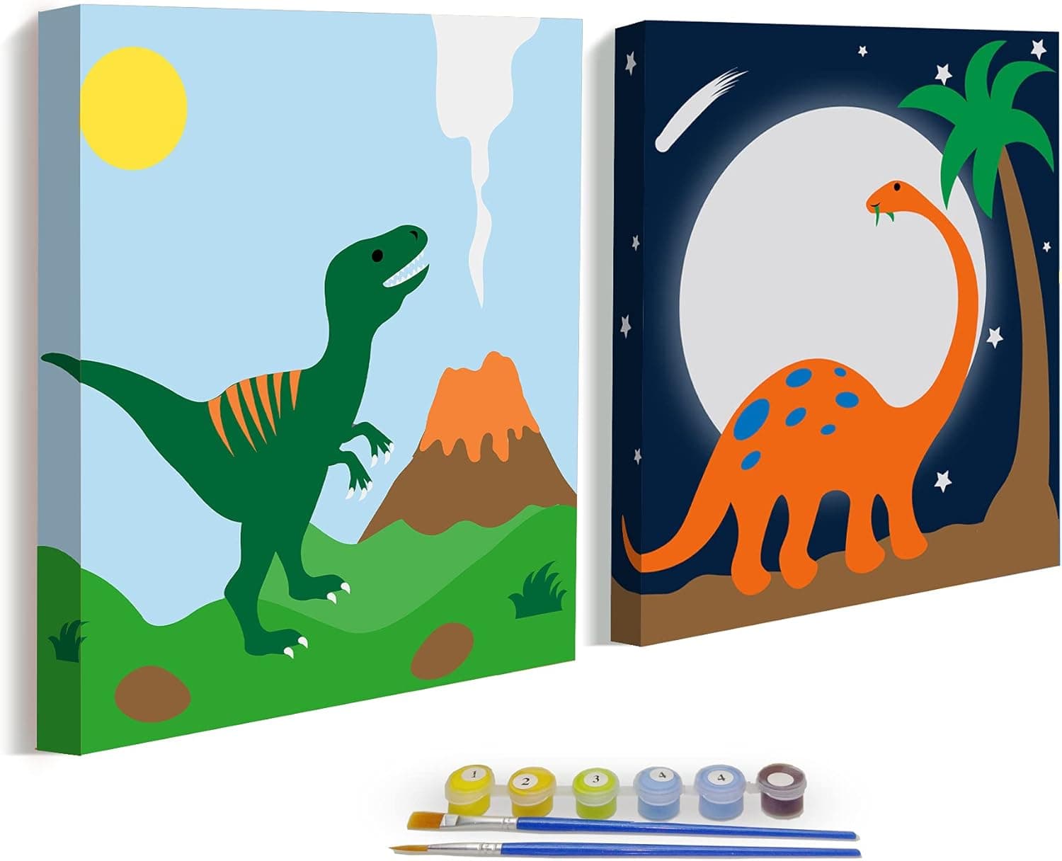2-Pack Easy Paint by Numbers Kits for Kids, DIY Oil Painting for Children Boys Beginners, Framed Pre Drawn Canvas Painting Craft Set, Color According to Numbers 8x8 inch (Dinosaur)