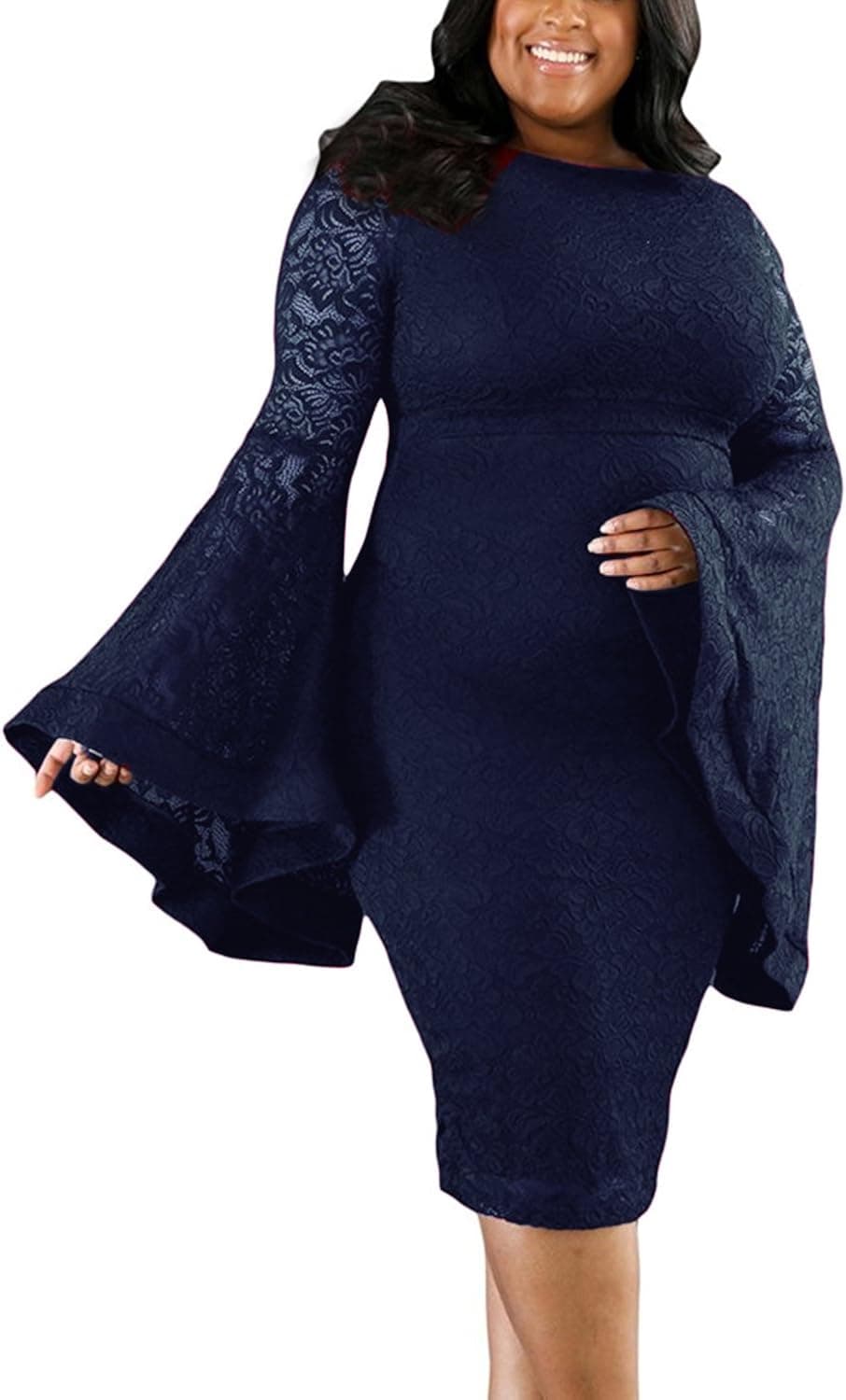 Women's Plus Size Bell Sleeves Lace Sexy Bodycon Wedding Cocktail Party Dress