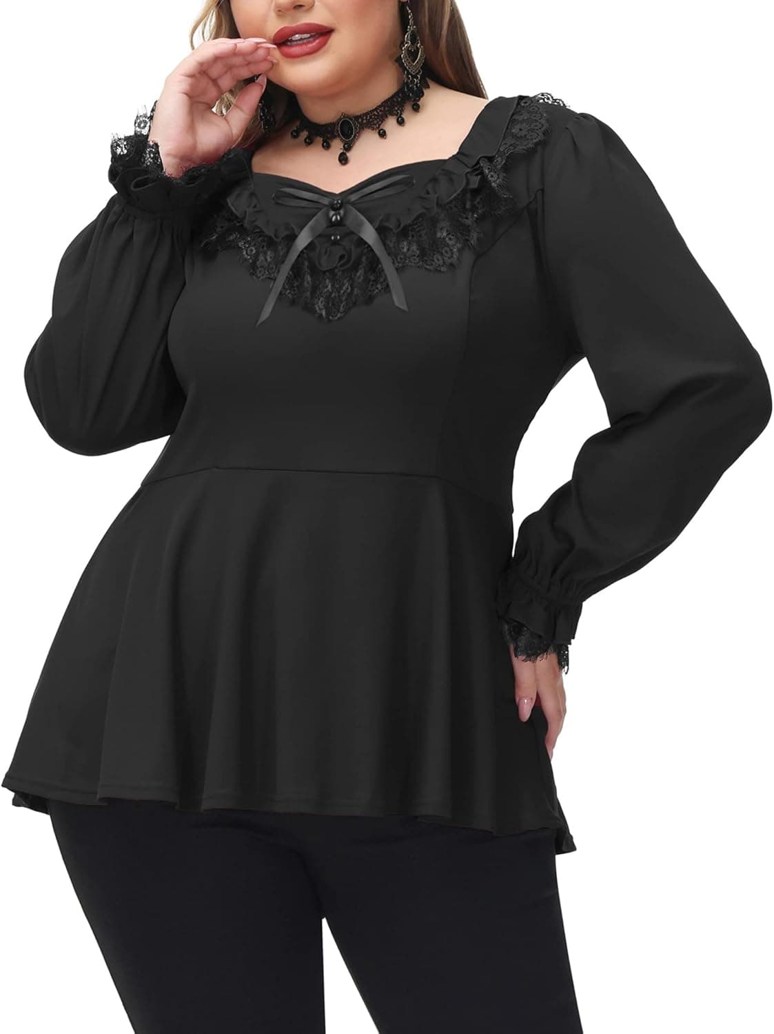 Hanna Nikole Womens Victorian Blouse Plus Size Long Sleeeve Empire Waist Gothic Lolita Shirt