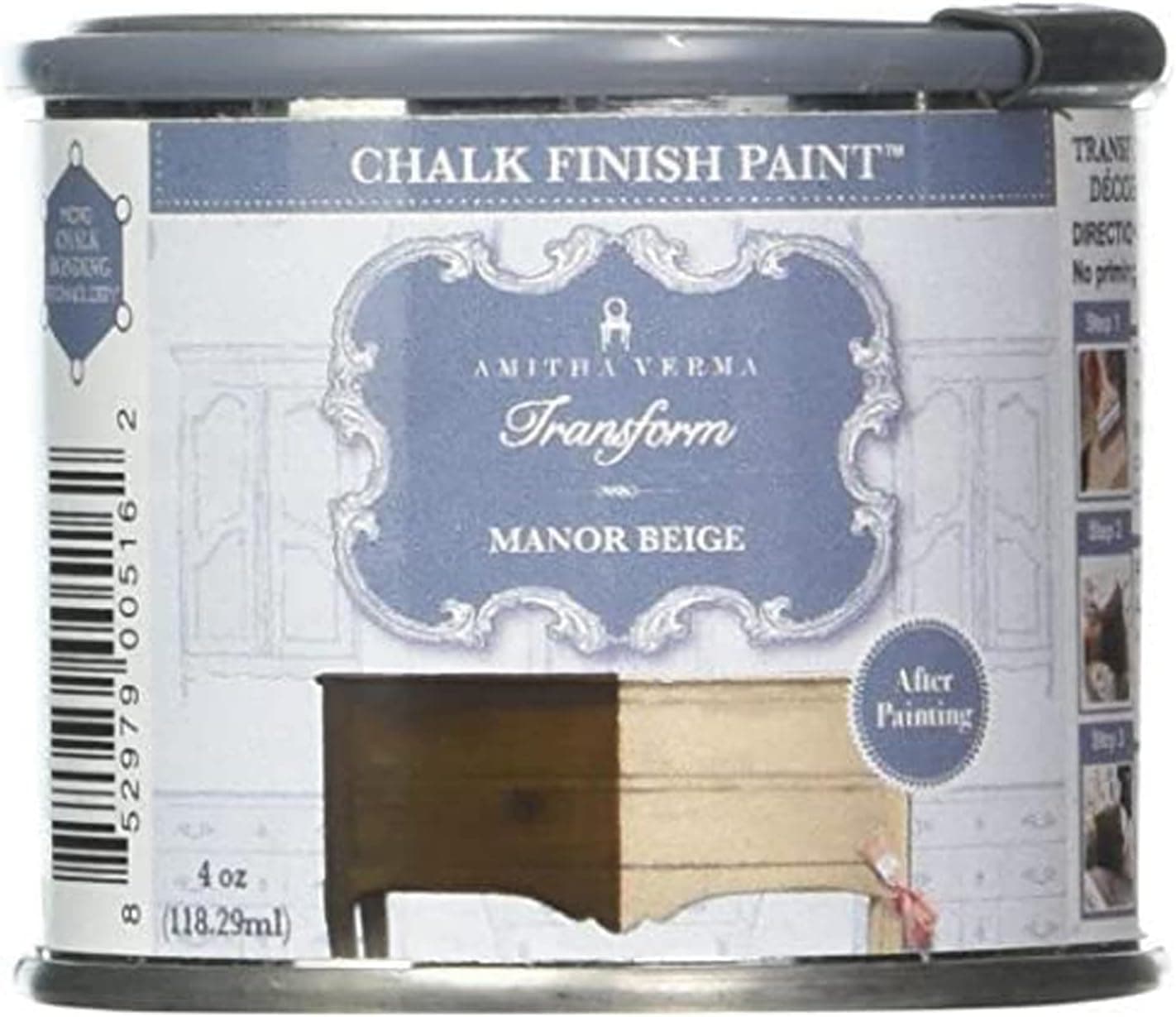 Amitha Verma Chalk Finish Paint, No Prep, One Coat, Fast Drying | DIY Makeover for Cabinets, Furniture & More, 4 Ounce, (Manor Beige)