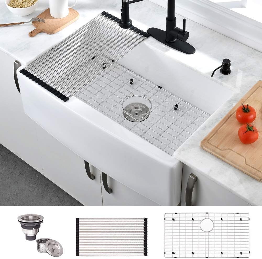 33 Inch White Farmhouse Sink-Hovheir 33x21 Fireclay Farmhouse Kitchen Sink Handcrafted Apron Front Farmhouse Sink Single Bowl Farm Sink White Farmers Sink Extra Deep Wide Curved Front Rustic Sink