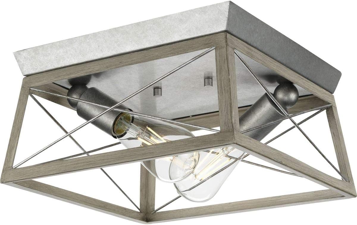 Progress Lighting Briarwood Collection 2-Light Bleached Oak Farmhouse Flush Mount Ceiling Light, Galvanized Finish
