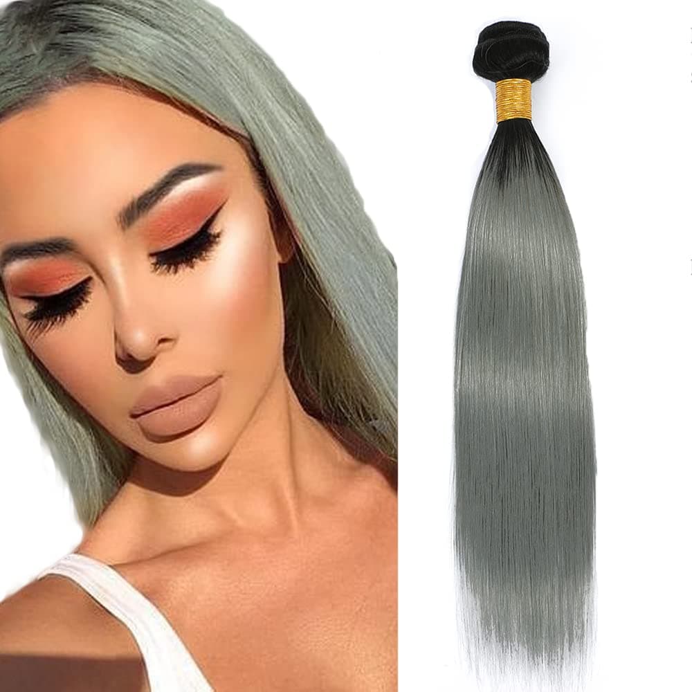 Peruvian Grey Bundles Straight Human Hair Grey Bundles 14 Inch Two Tone Ombre Silver Hair Weave 100% Brazilian Virgin Remy Real Human Hair Dark Root Siliver Hair 1 Bundles for Women