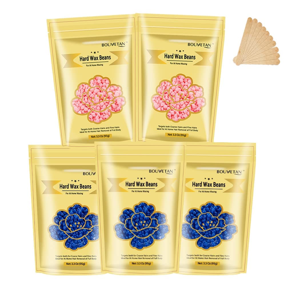 Bouvetan 16.5oz Hard Wax Beans for Painless Hair Removal, Waxing Beads for Face Eyebrow Armpit Legs Brazilian, Wax Beads for Hair Removal Kit with 10pcs Wax Sticks 2 Pack of Chamomile 3 Pack of Rose Formula