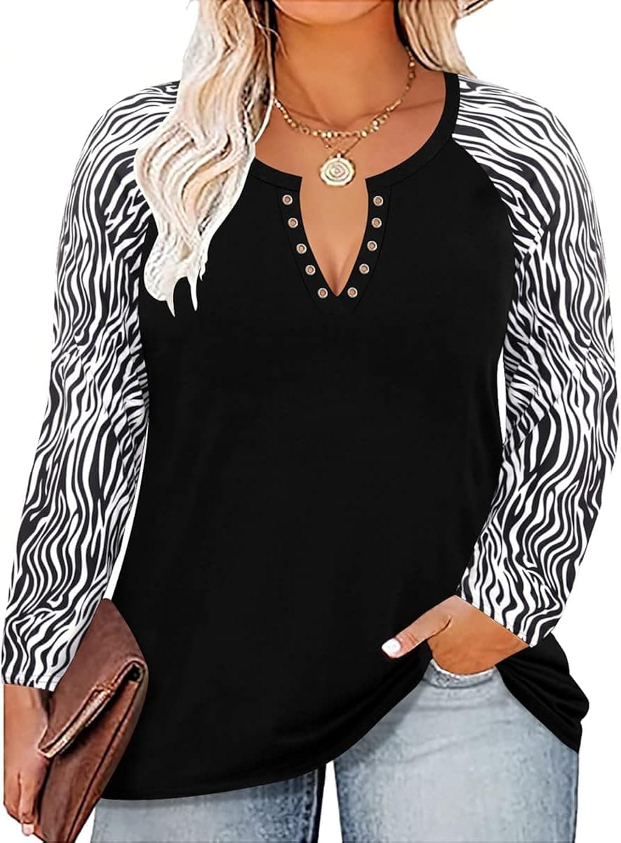 RITERA Plus Size Tops for Women Winter Long Sleeve Shirts Oversized Fall Colorblock Tunics Ladies Casual Loose Blouses XL-5XL