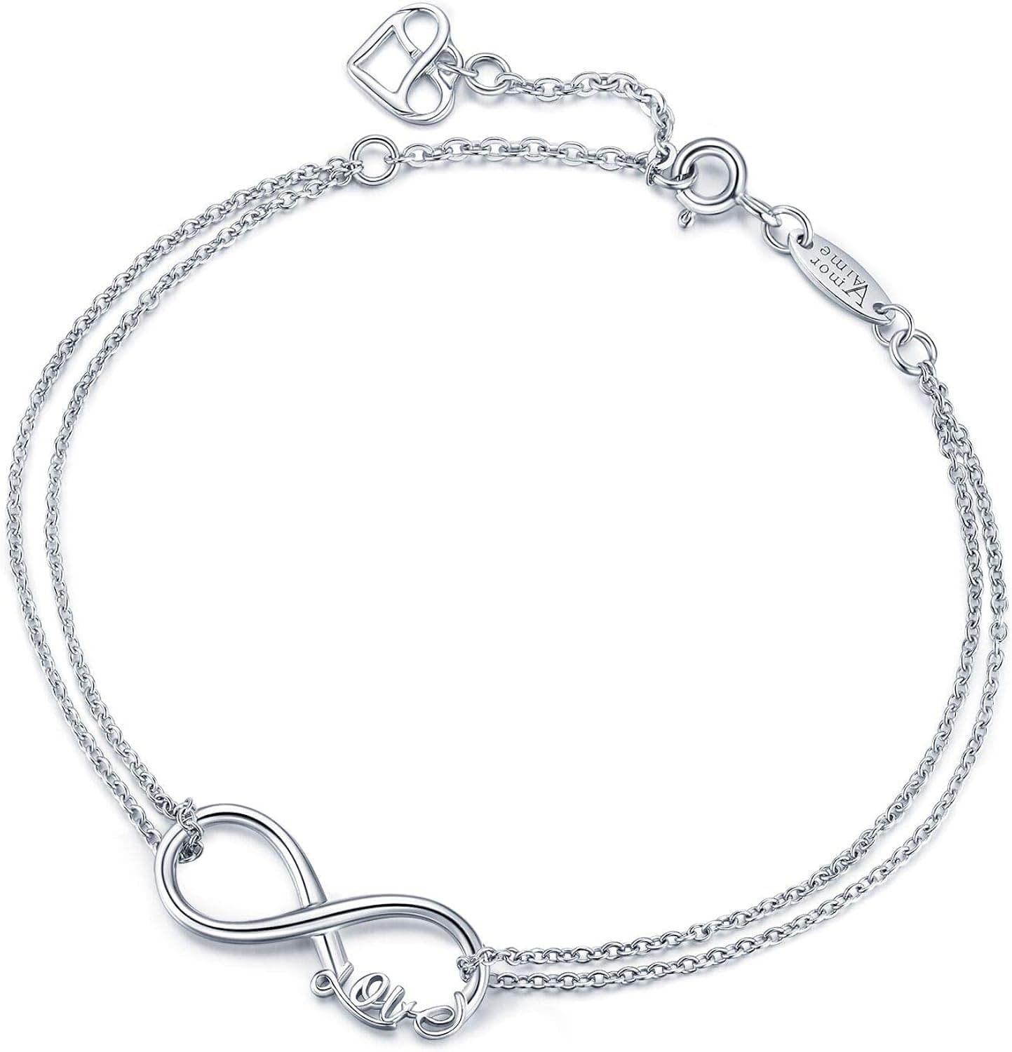 Infinity Bracelet 925 Sterling Silver Bracelet Endless Love Charm Womens Adjustable Double Chains Girls Jewelry Gift for Mother's Day AmorAime (infinity love)