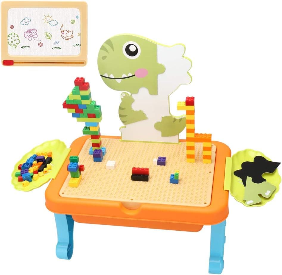 OMNISAFE 3 in 1 Magnetic Drawing Board & Doodle Sketch Pad & Activity Table Set with 102 Pcs Blocks Compatible with Classic Blocks, Educational Toy Suitable for Toddlers & Kids