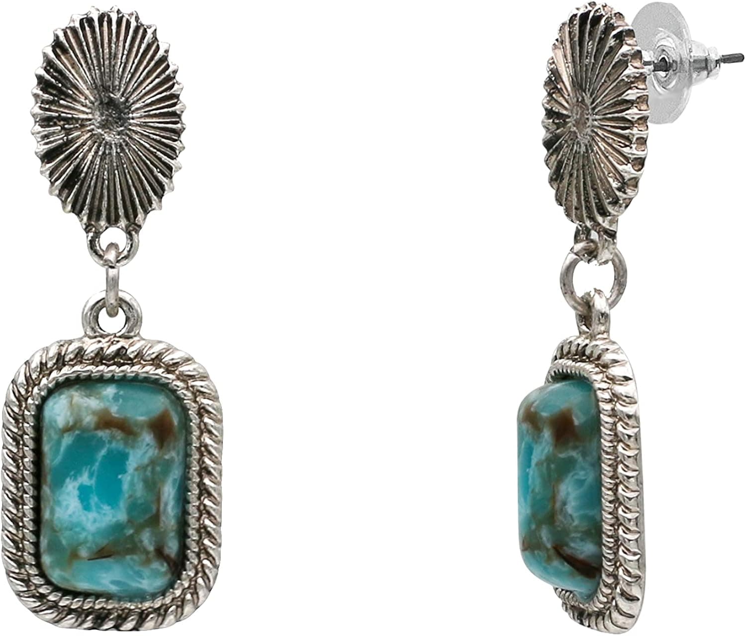 Western Style Antique Silver Cabochon Turquoise Stone Double Drop Post Earrings