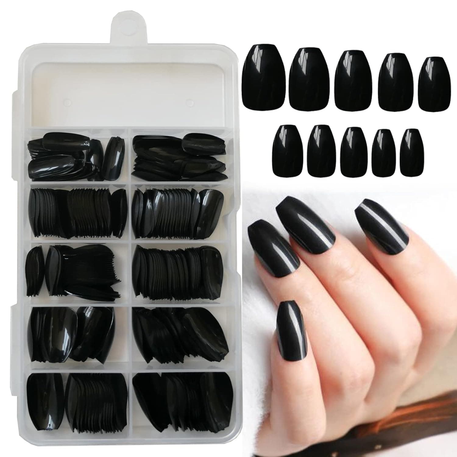 LoveOurHome 240pc Short Coffin Press on Nails Colored Ballerina False Nails Glossy Artificial Fingernails Full Cover Tips with Adhesive Tabs (Black)