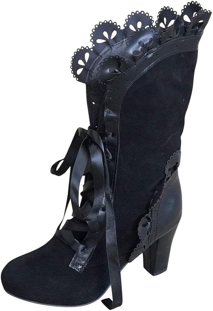 NAYI Women's Large Size High-Heel Cross-Strap Large Size Boot Lace-Up Mid-Boot Shoes Weaving Breathable Shoes