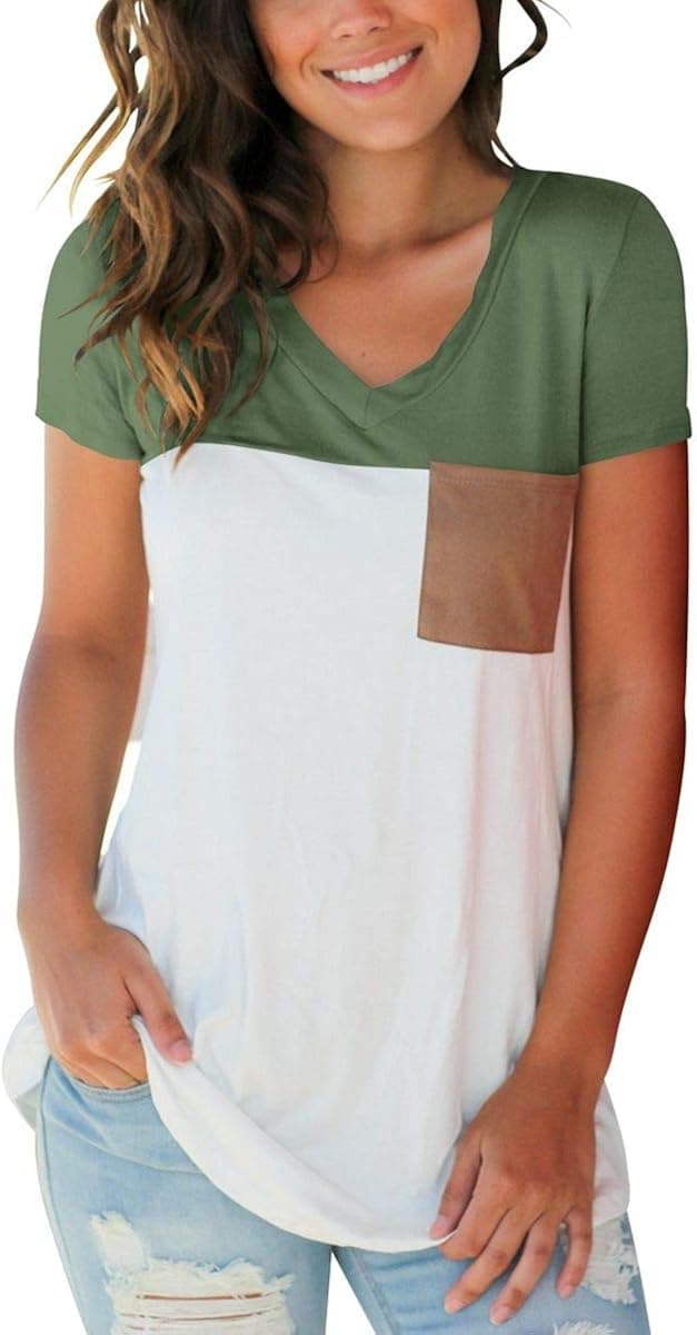 SAMPEEL Womens Basic T Shirt Color Block Tunic Tee Blouse with Velvet Pocket Army Green S