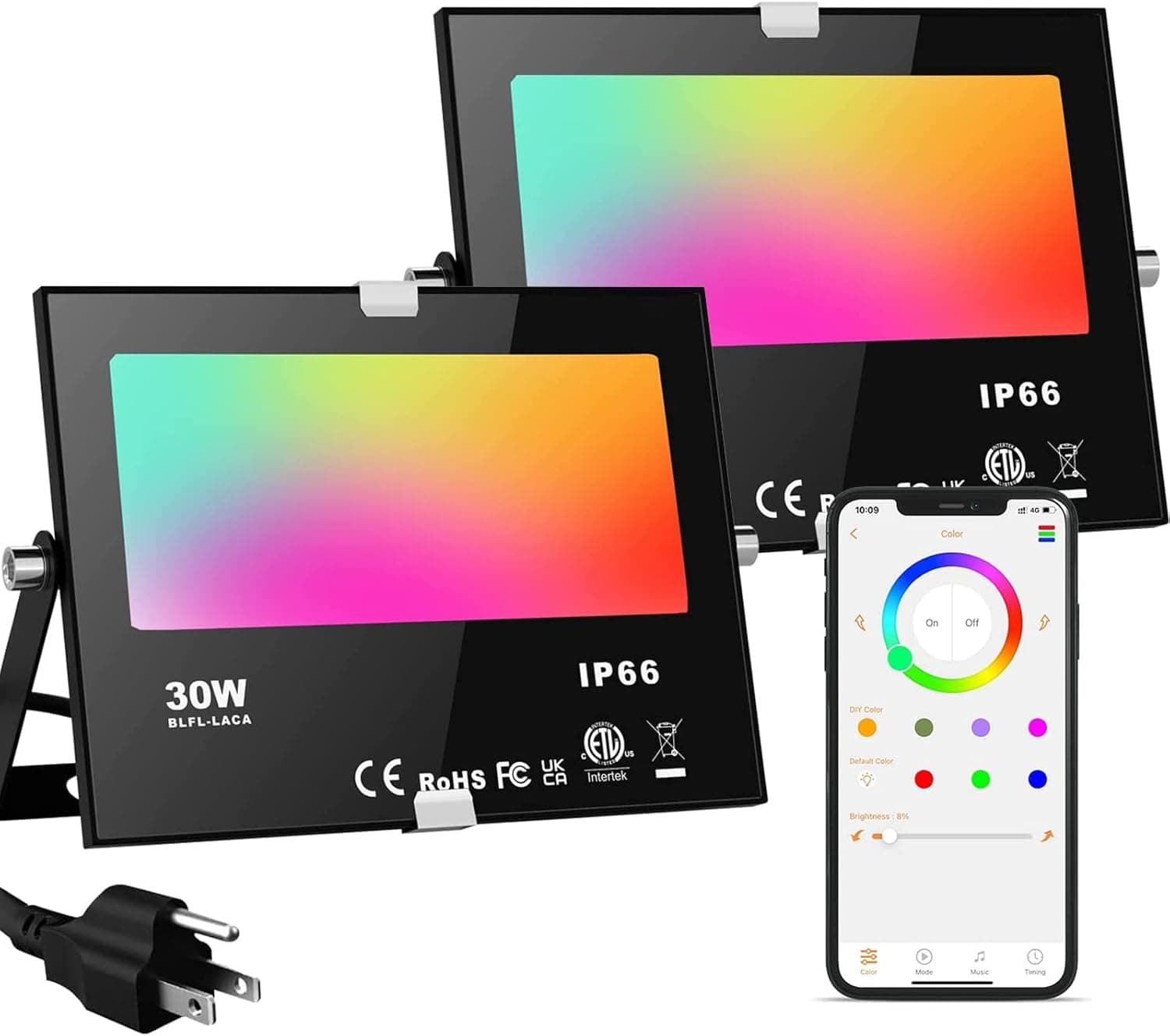 Led Flood Lights Outdoor RGB Color Changing 300W Equivalent,Bluetooth RGBW Smart Floodlights with APP Control, 2700K&16 Million Colors &Timing& Music Sync,IP66 Waterproof for Stage Landscape Lighting