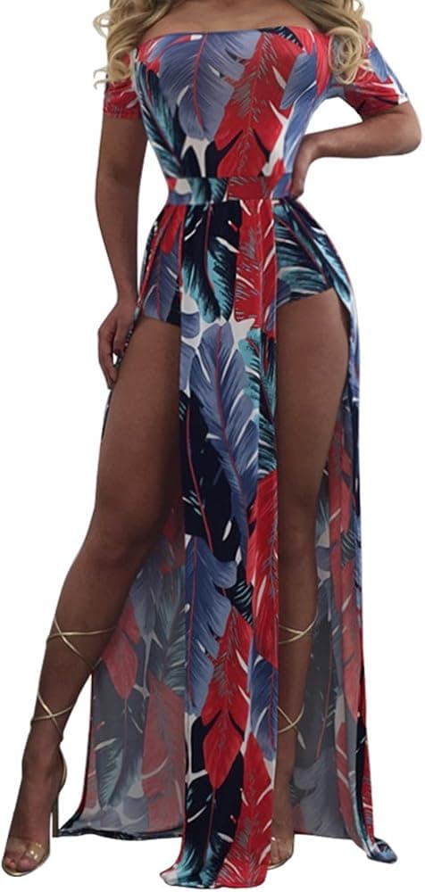 Imily Bela Women's Half Sleeve Off Shoulder Feather Print Slit Hem Maxi Dress for Party Blue