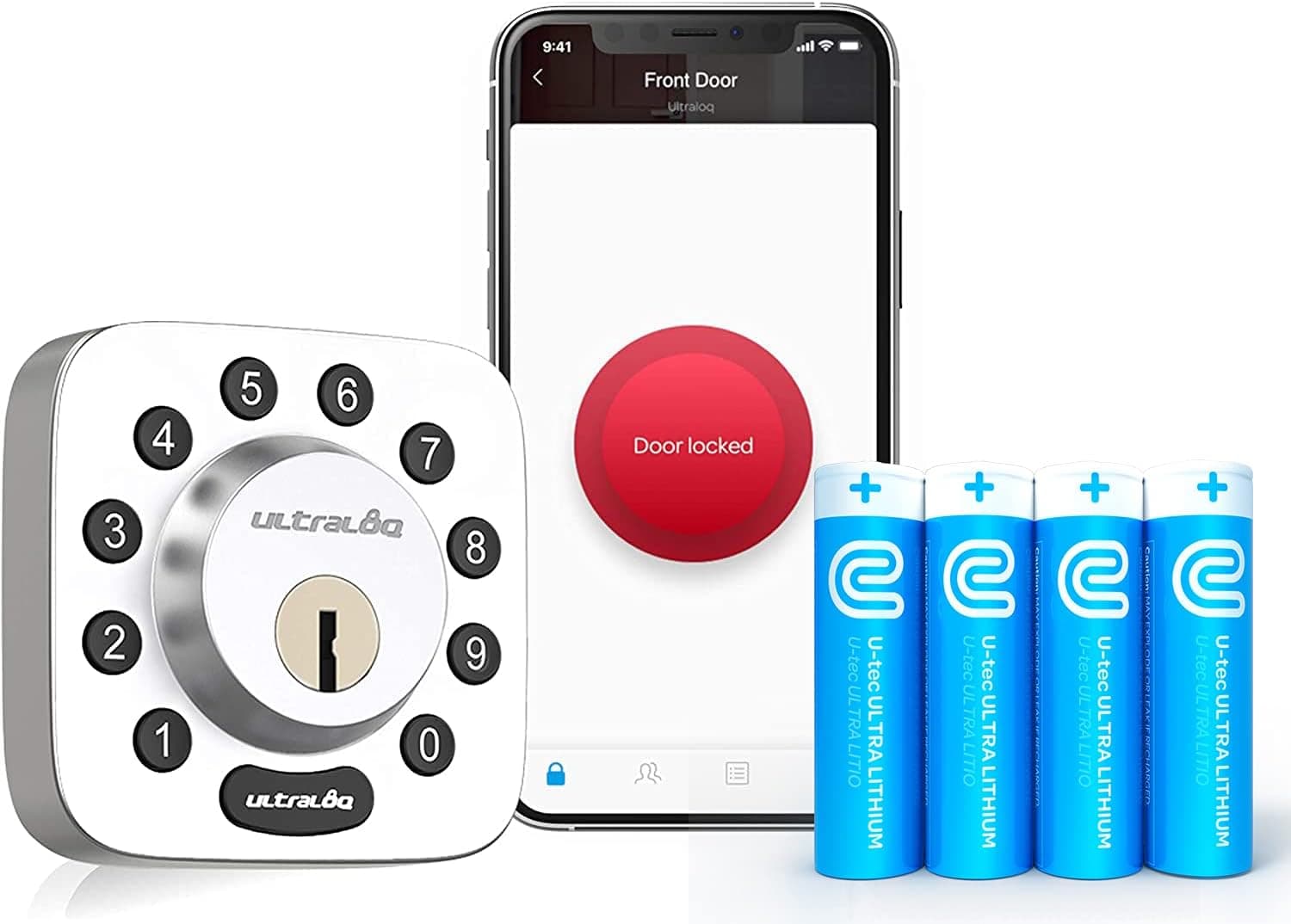 ULTRALOQ U-Bolt Smart Door Lock, Satin Nickel with AA Ultra Lithium Battery (Pack of 8), 5-in-1 Keyless Entry Door Lock with Bluetooth and Keypad