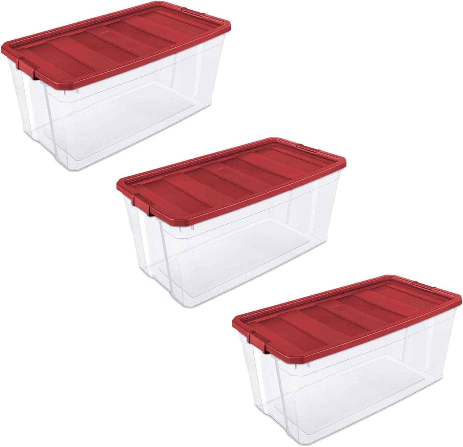 Sterilite 50 Gallon Modular Durable See Through Stackable Storage Container Box for Artificial Christmas Tree Up To 7.5ft, Red, 3 Pack