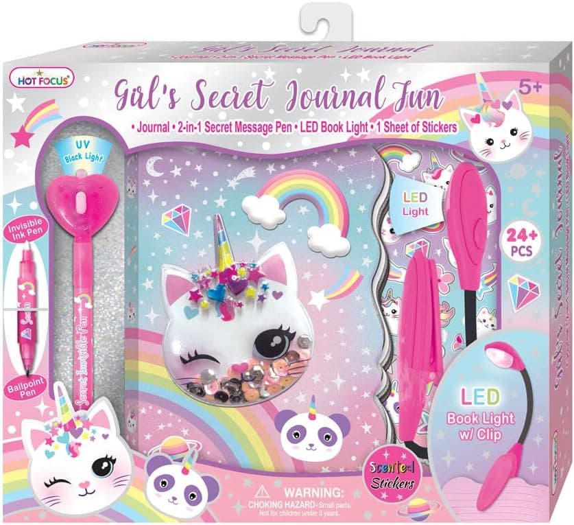 Hot Focus CAT Air Bubble w/Sequins. Secret Diary with LED Book Light, Invisible Ink Pen and Sticker Set – 6” Journal Notebook with 200 Lined Pages. Perfect Stationery Set for Girls/Kids/Teens
