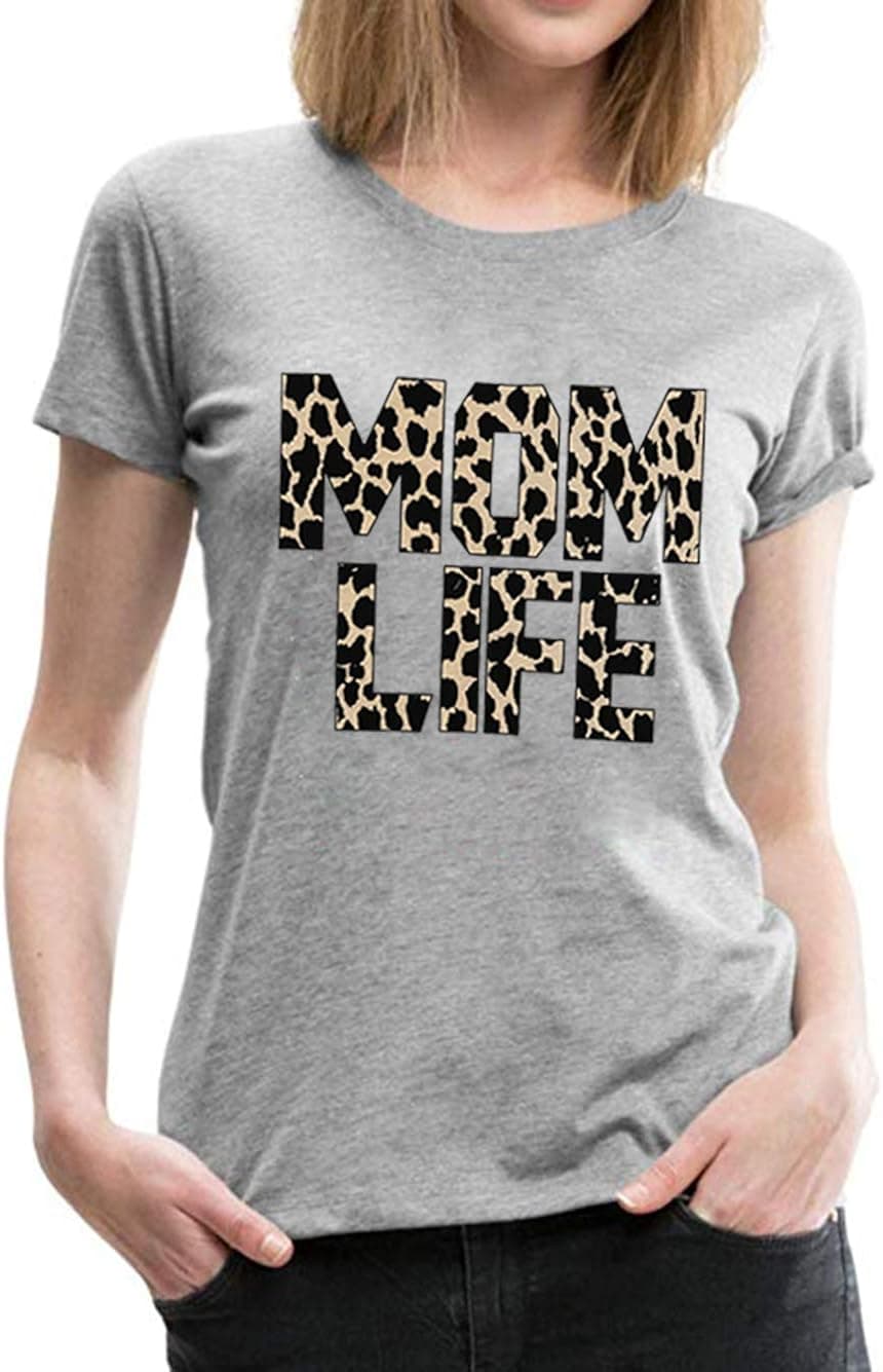 Leopard Mom Life Shirt Women Summer Funny Letter Print Mama Tops Casual Short Sleeve T Shirt