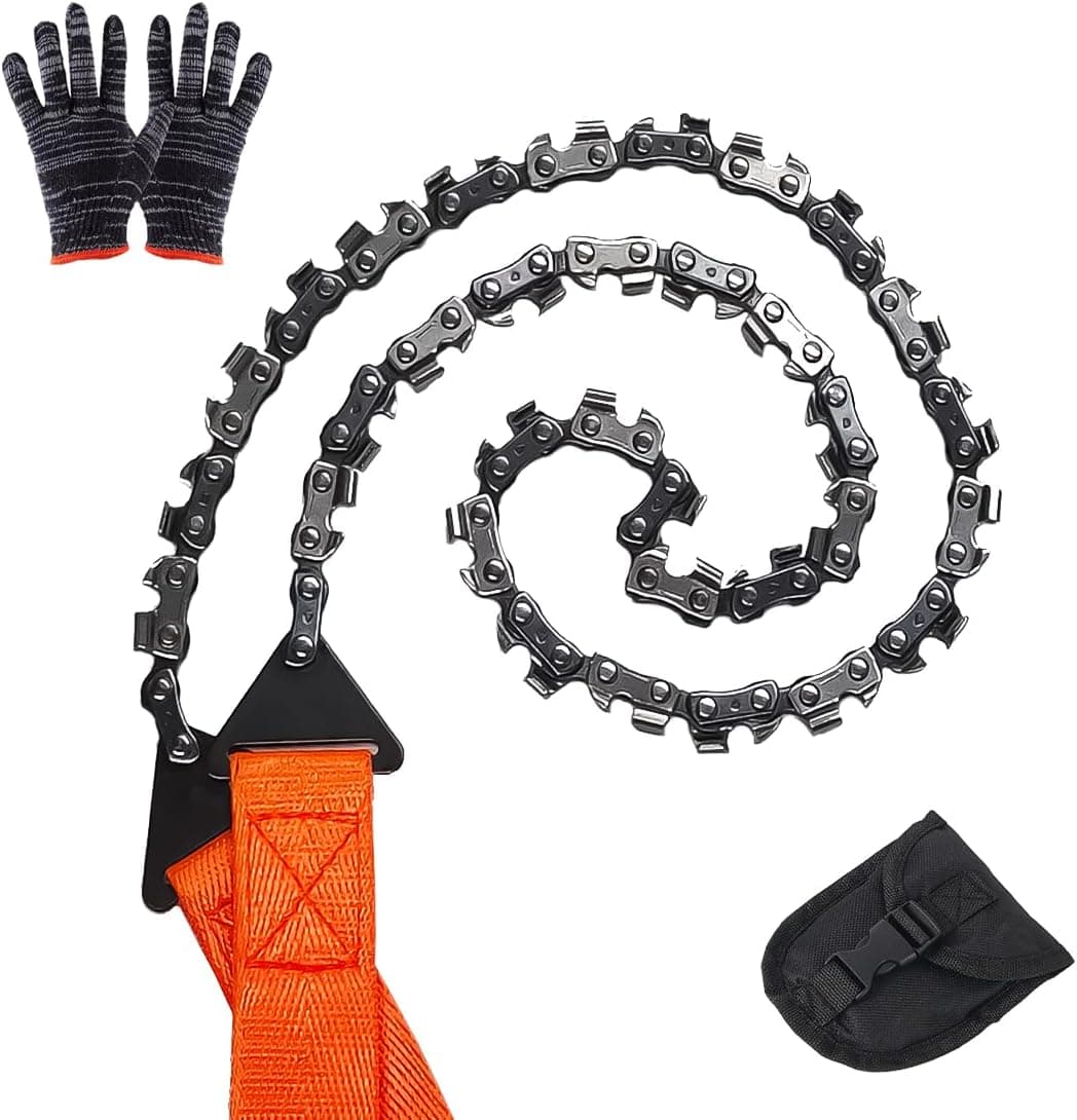JollyWalk Pocket Chainsaw 25.6 Inch 65Mn Heavy Duty Fired Steel Hand Saw 33 Teeth Survival Chain Saw Folding Rope Saw for Camping Hiking Backpacking Gear Fast Easy Cutting with Work Gloves(Orange)