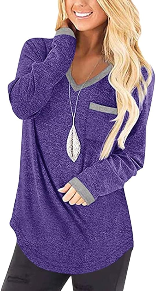 Womens Lightweight Long Sleeve Shirts Casual Loose Fit Outdoor Hiking Tee Solid V-Neck Side Split Tops Tunic with Pocket