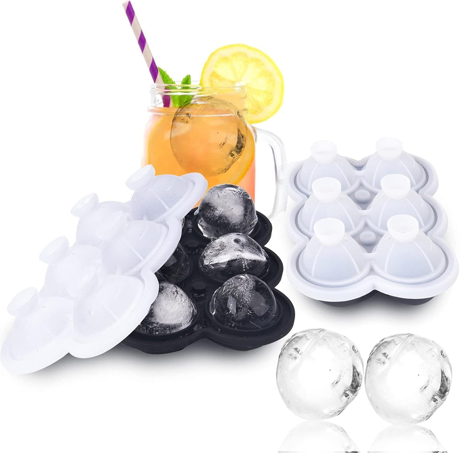 Kinggrand Kitchen Ice Cube Trays with Lids 2 Pack Easy Release Ice Sphere Mold, Silicone Ice Ball Maker Round Ice Mold for Whiskey, Cocktails, Bourbon, Black White