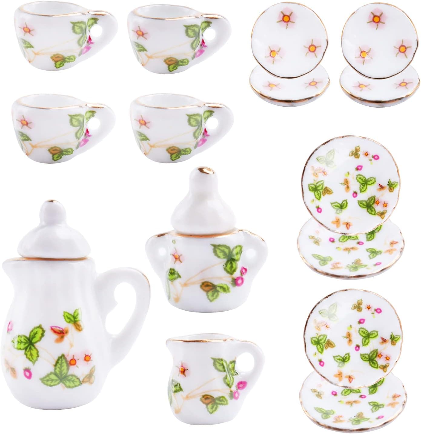 15Pcs 1:12 Miniature Porcelain Tea Cup Set Plates Cutlery Mini Kitchen Accessories for Mini House Supplies(Green Leaf)