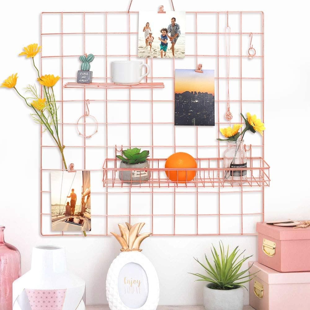 AceList Set of 2 Rose Gold Hanging Basket &Shelf for Wall Grid, Wire Wall Grid Decor,Can be Used to Grid Photo Grid Wall