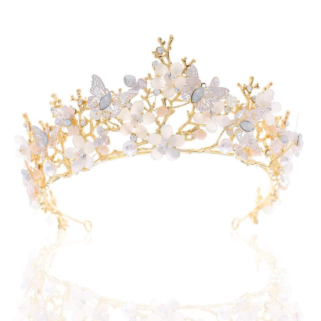 Brishow Crystal Butterfly Wedding Crowns Gold Rhinestone Tiaras Flower Wedding Crowns and Tiara Queen Hair Accessories for Women and Girls
