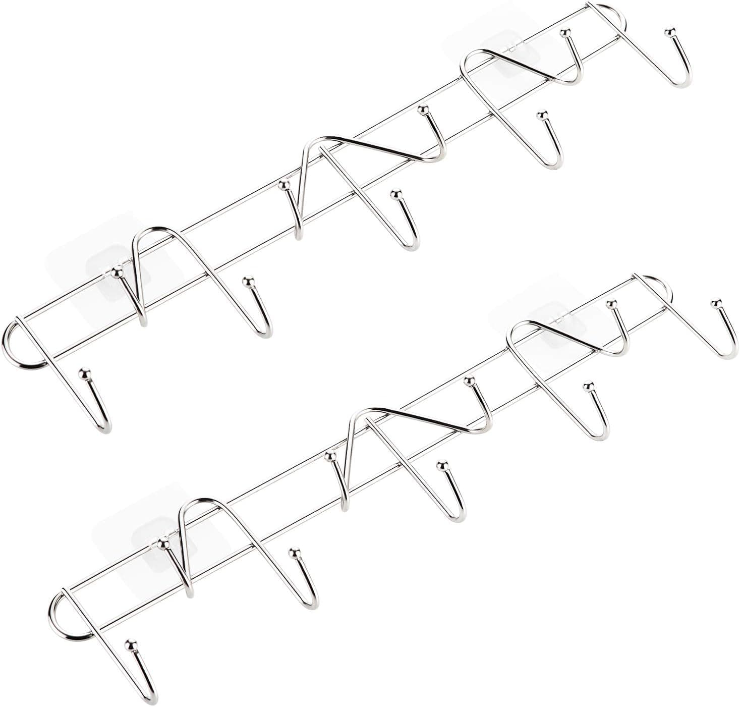 GUNMIN Adhesive Coat Rack (No Drilling), Stainless Steel 9 Hooks Hanger, Wall-Mounted Heavy-Duty Organizer for Clothes, Hat, Robe, Towel, Purse, Bedroom, Closet, Bathroom - 2 Pack (G-912110)