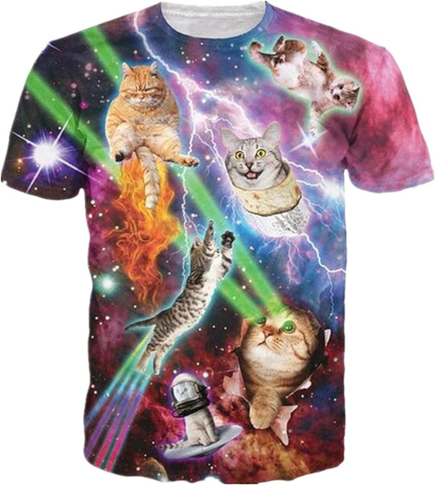 Uideazone Boys Girls Graphic Tees 3D Galaxy Cat Cool Short Sleeve Shirts,Asia L= US M,Black17