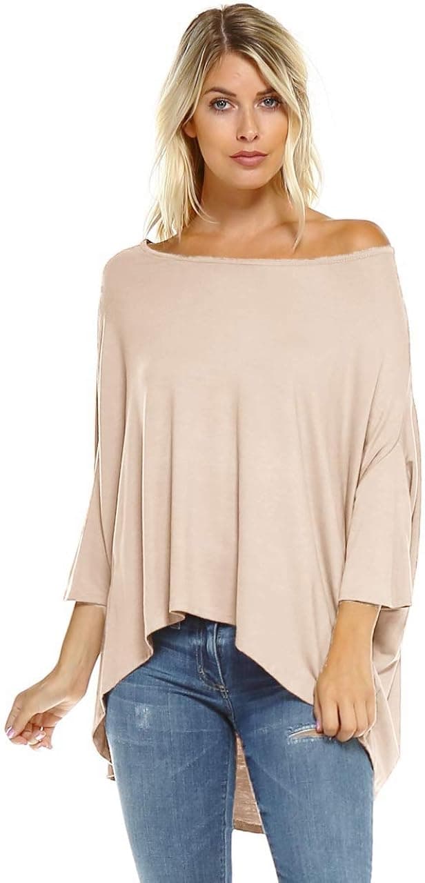 Isaac Liev Women's Tunic Top – Casual 3/4 Batwing Dolman Sleeve Off Shoulder Baggy Oversized Loose Fit Flowy T Shirt Blouse (Beige, Medium)