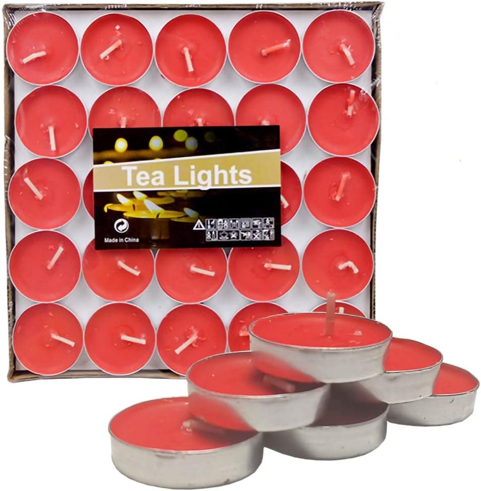 ZERIRA 50/Box Smokeless Scented Tea Light Candles, Pendulum Round Small Tea Candle for Family Decoration Holiday Party (Red)