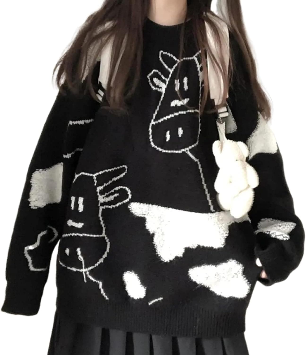 HEZIOWYUN Women Kawaii Sweaters Long Sleeve Crewneck Cow Printed Harajuku Sweater Loose Aesthetic Knitted Pullover