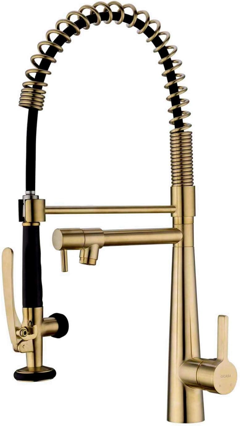GICASA Kitchen Faucet, Solid Brass Brushed Gold Kitchen Faucet, Heavy Duty Spring Single Handle Kitchen Faucets with Pull Down Sprayer and Pot Filler, Brushed Gold Commercial Kitchen Faucet