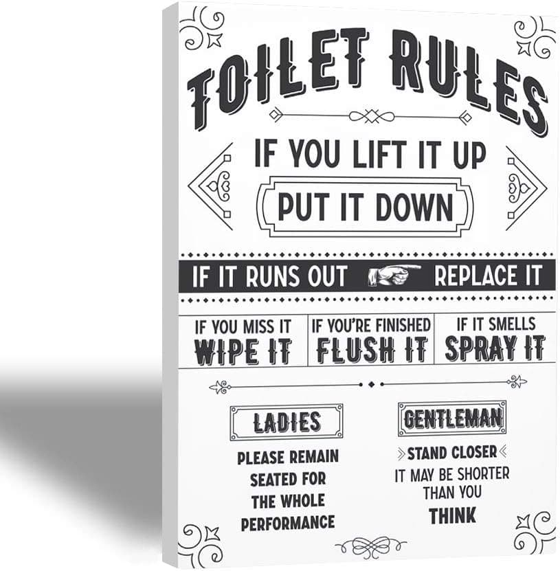 Funny Wall art for Bathroom (11x14) western Vintage signs Framed Canvas sign with Restroom Rules wall decor White and Black Picture for half bath in hall Farmhouse HD print