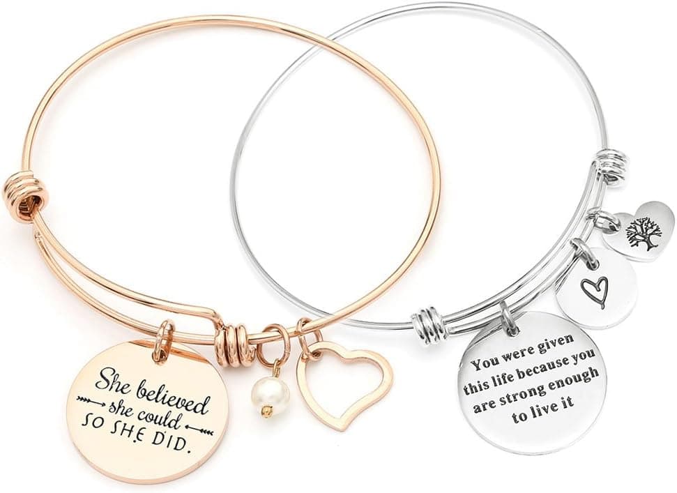 MIKINI Set of 2 Womens Stainless Steel Bracelets Engraved Message Motivational Inspirational Words Charm Adjustable Bracelets (Pack of 2-316L Stainless Steel- Rose Gold & Silver)