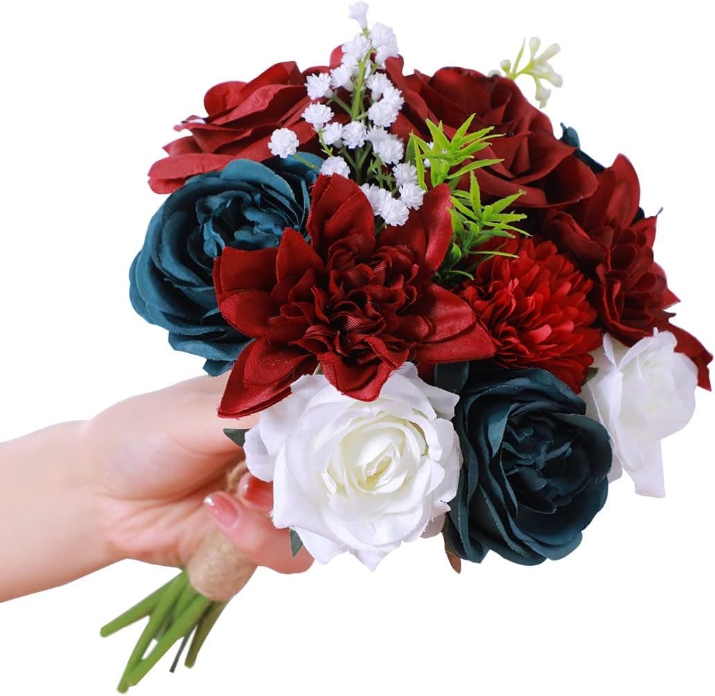 Artificial Wedding Bouquets for Bride Bridal Bouquet Bridesmaid Bouquet Burgundy Blue Green Flowers Silk Rose Handmade Bouquet Holding for DIY Valentine's Day Confession Party Church Home Decor