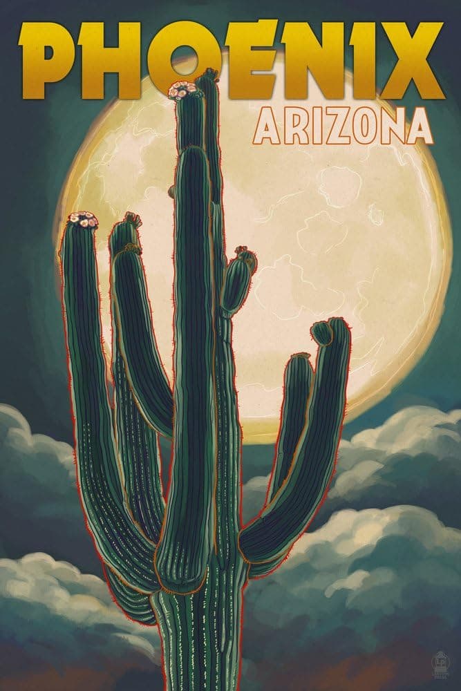 Phoenix, Arizona, Cactus and Full Moon (12x18 Art Print, Travel Poster Wall Decor)